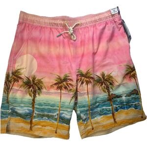 NEW Caribbean Swimwear Tropical Lined 9" Swim Trunks Beach Sunset Pink Mens XL